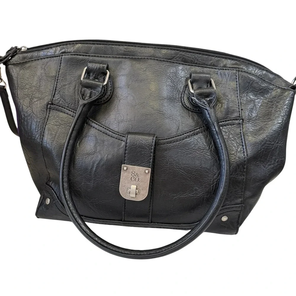 Style & Co Womens Black Faux Leather Satchel Handbag Crossbody Bag S&Co Hardware